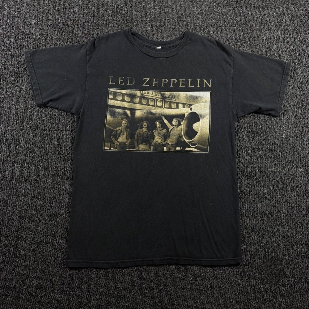 Vintage Led Zeppelin Posing Starship Plane T-Shirt Men M Black Y2K Band Tee Rock